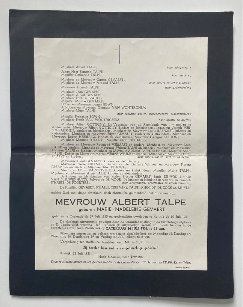rouwbrief Marie - Madeleine Gevaert Talpe Oostende Kortrijk, Ophalen of Verzenden, Rouwkaart