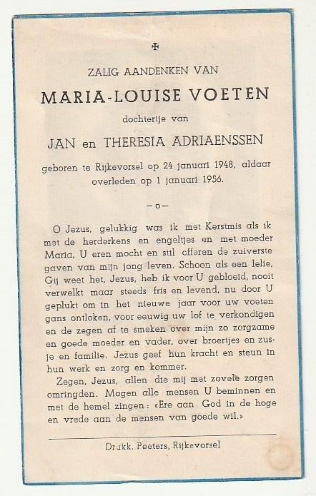 Maria Louise VOETEN Adriaenssen Rijkevorsel 1948-1956 (kind), Verzamelen, Bidprentjes en Rouwkaarten, Verzenden, Bidprentje