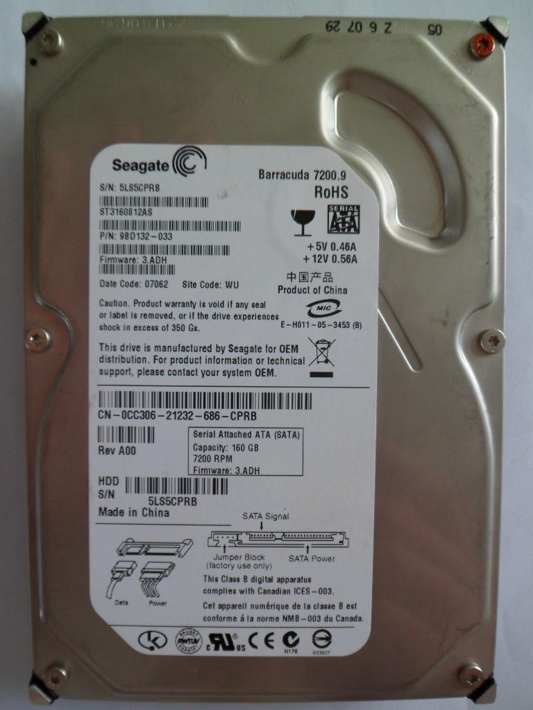 Disque dur Seagate 160 Go, 8 Mo de cache, 3,5 pouces, 7 200, Enlèvement ou Envoi, 160GB, Interne, Comme neuf