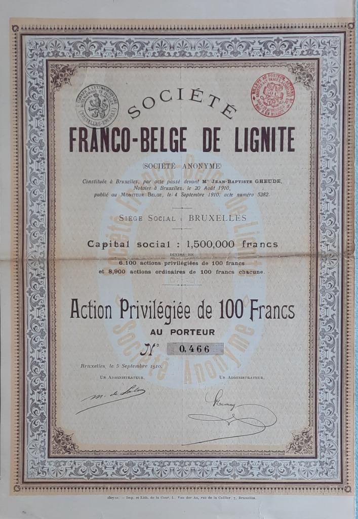 Société Franco-Belge de Lignité - 1910 - Bruxelles, Enlèvement ou Envoi, Avant 1920, Action