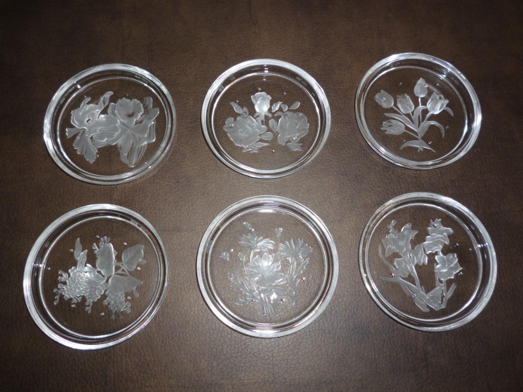6 glazen onderleggers voor glas drinkglas mooi bloemmotief, Antiek en Kunst, Ophalen