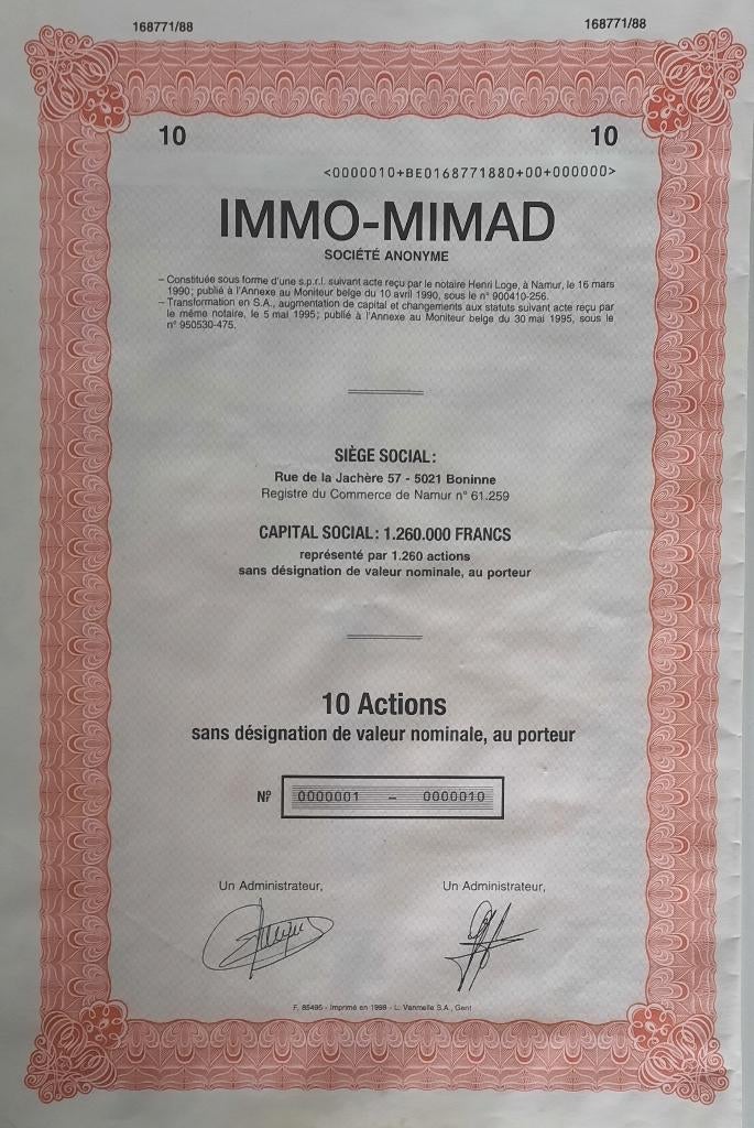 Immo-Mimad - Boninne - 1995 - (n 1 !!), Ophalen of Verzenden, 1970 tot heden, Aandeel