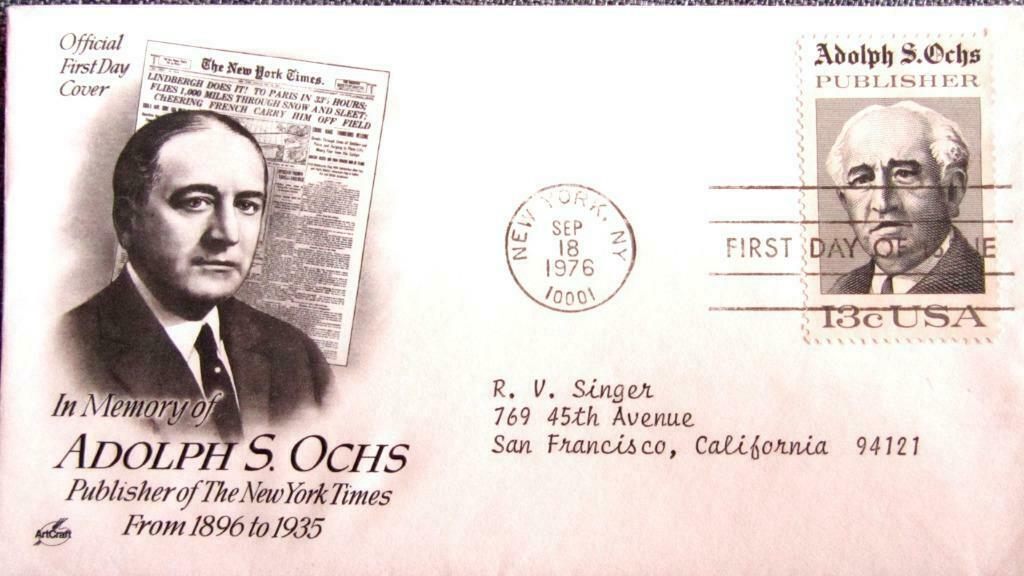 FIRST DAY COVER- PUBLISHER- ADOLPH S. OCHS- U.S.A., Enlèvement ou Envoi, Affranchi, Autres thèmes