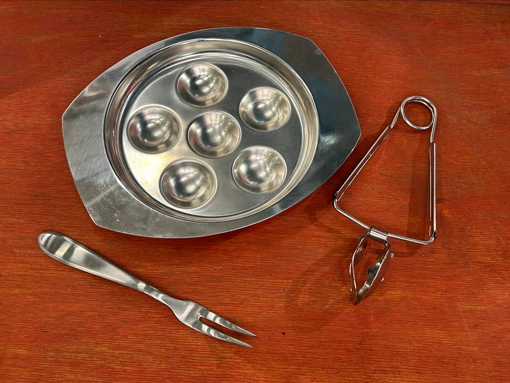 Set van 5 Escargot/slakken borden, tangen, vorken, Ophalen