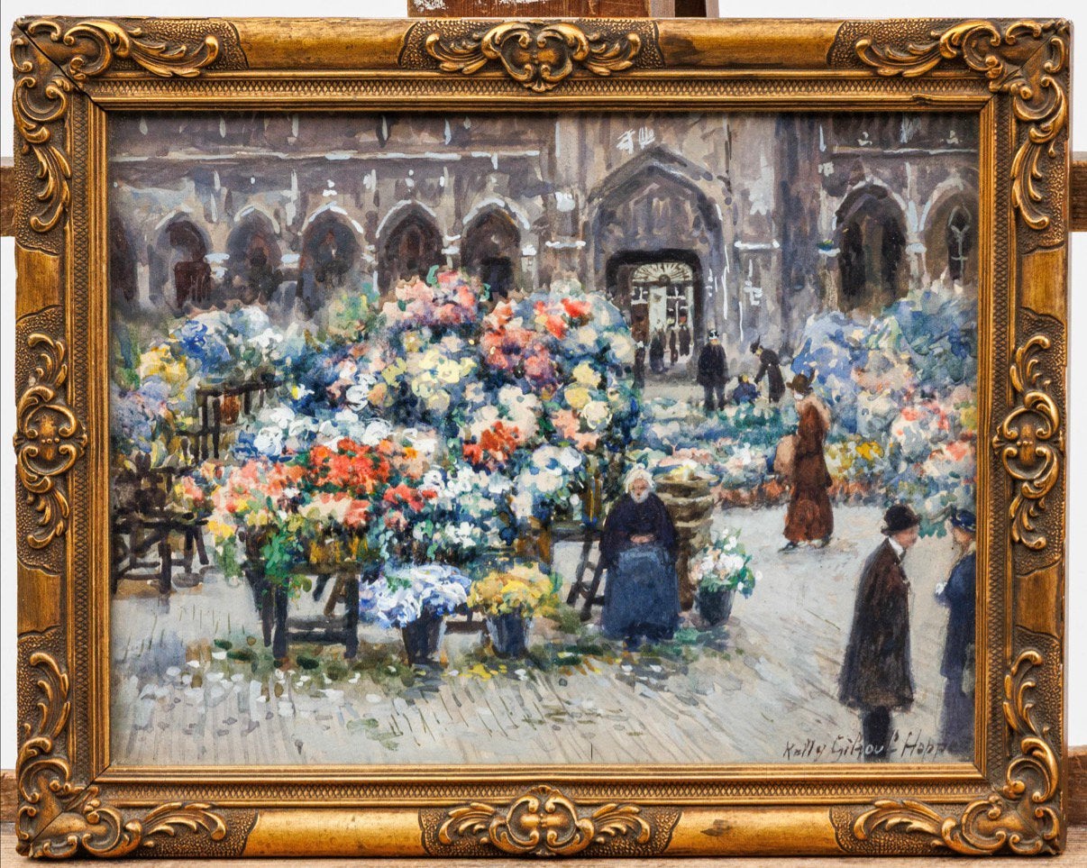 Aquarelle Ketty Gilsoul-Hoppe (1868-1939) - Marché aux fleur, Enlèvement ou Envoi, Aquarelle, Signé, Papier