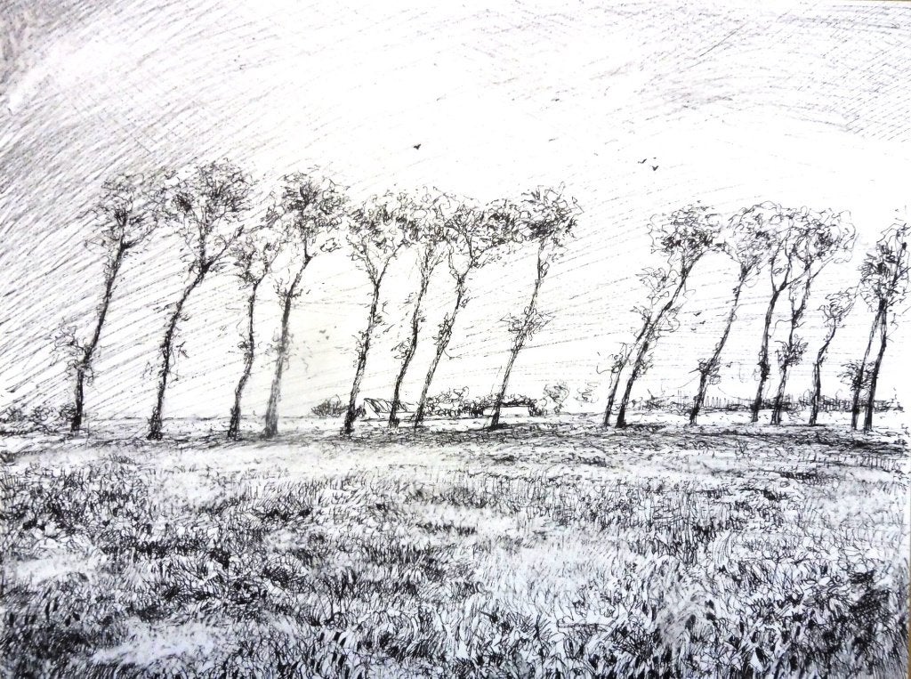 Dessin original "Arrière pays d'Ostende" 24x32cm, Antiquités & Art, Envoi, Dessin, Dessin à la plume, Signé