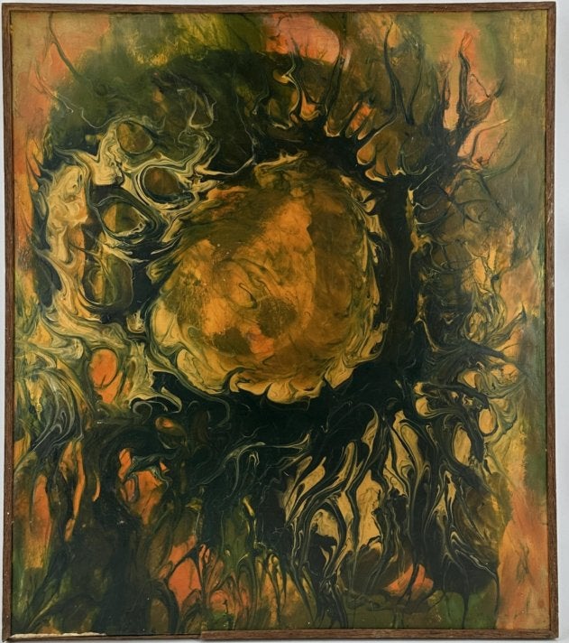 huile sur panneau soleil noir signe charles delporte, Antiek en Kunst, Ophalen of Verzenden, Paneel