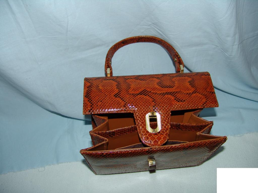 Sac à main en serpent brun/roux, dessin de peau flammé., Enlèvement ou Envoi, Utilisé, Brun, Sac à main