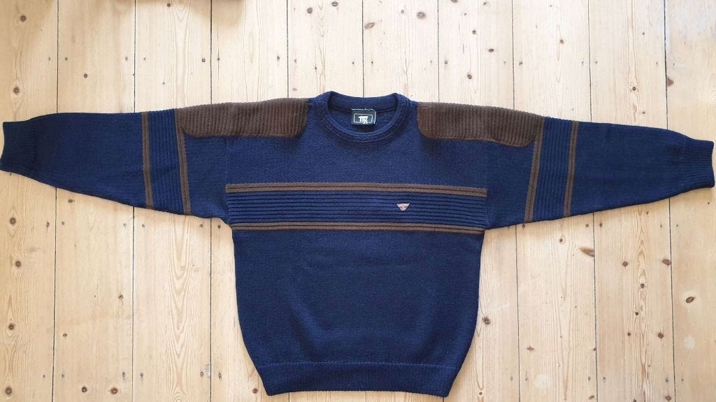 Vintage jaren 80 90 trui heren, blauw bruin, Tigi, Medium, Kleding | Heren, Ophalen, Blauw