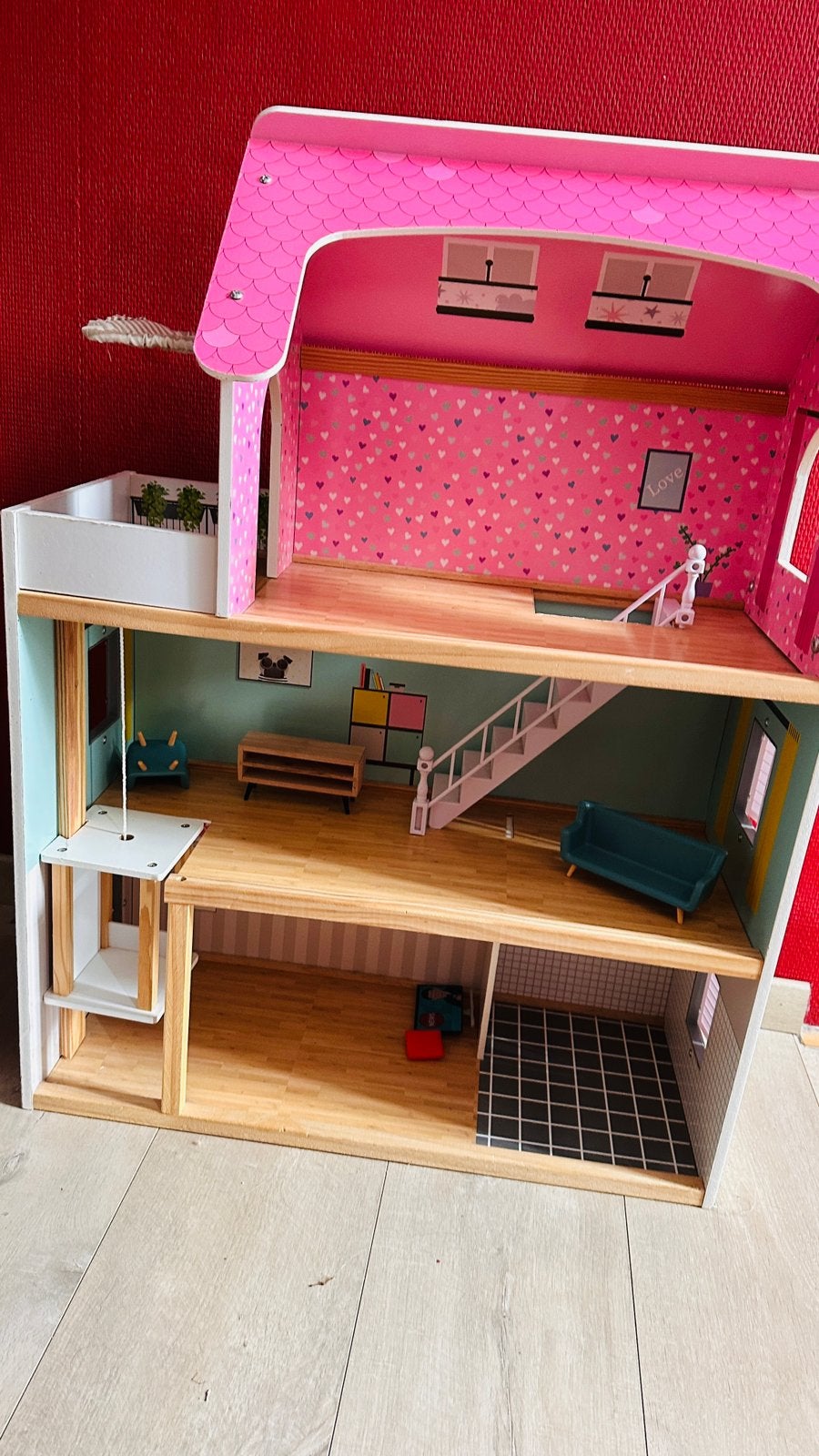 Maison de poupée en bois complete + accessoires, Ophalen, Zo goed als nieuw, Popje