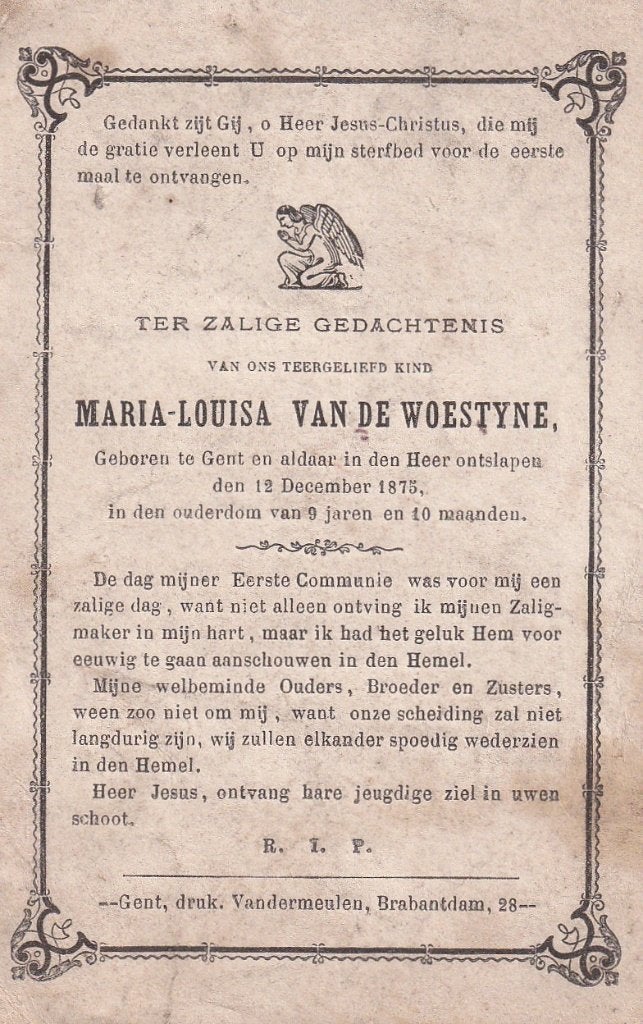 + 34 / B P VAN DE WOESTIJNE M L GENT -1875 9 JAAR, Ophalen of Verzenden, Bidprentje