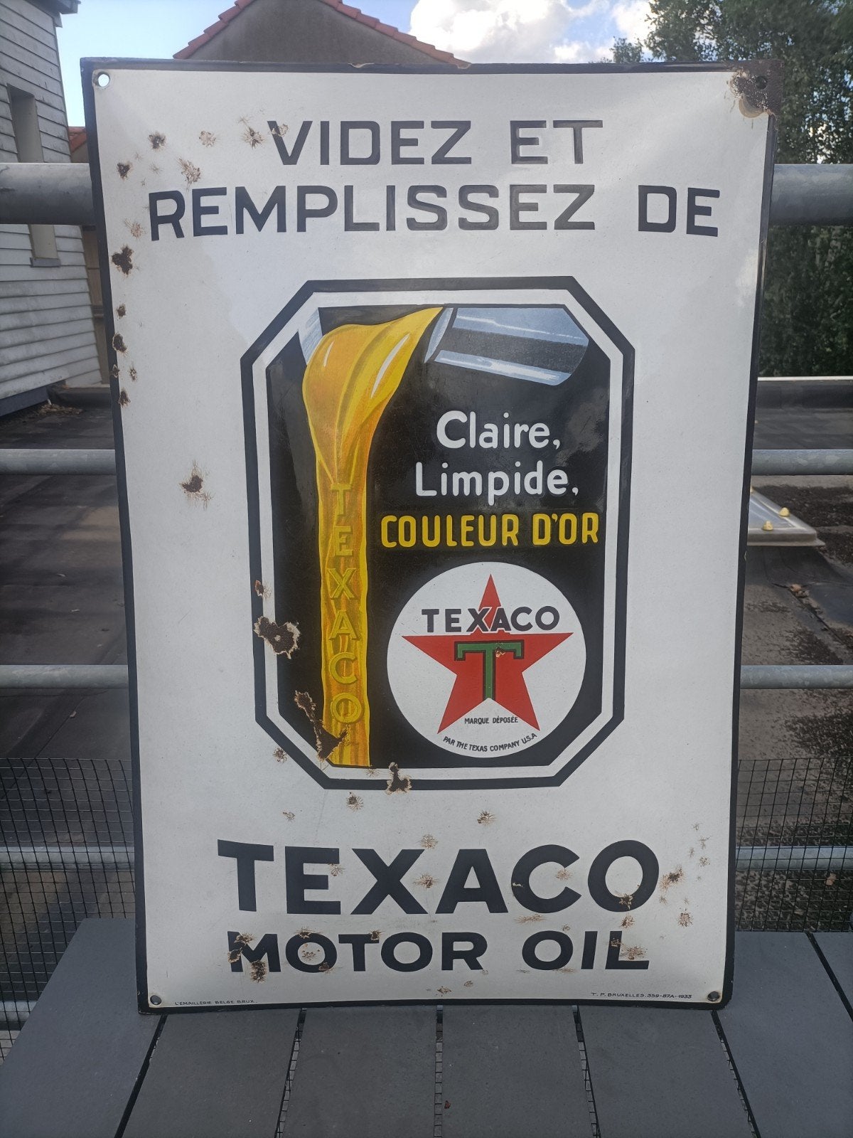 panneau publicitaire émaillé Texaco emaillerie belge 1933, Collections, Marques & Objets publicitaires, Enlèvement, Panneau publicitaire