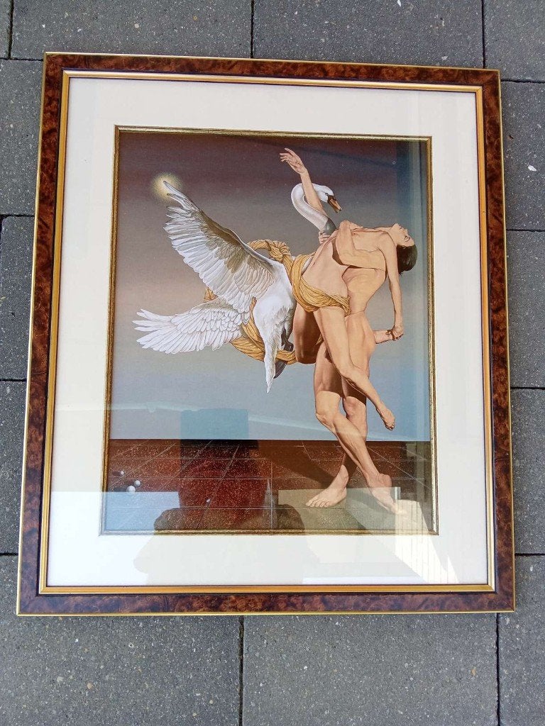 LITHO VROUWEN VLIEGENDE ZWANEN ( kunstenaar Michael Parkes), Antiek en Kunst, Ingelijst, Ophalen of Verzenden