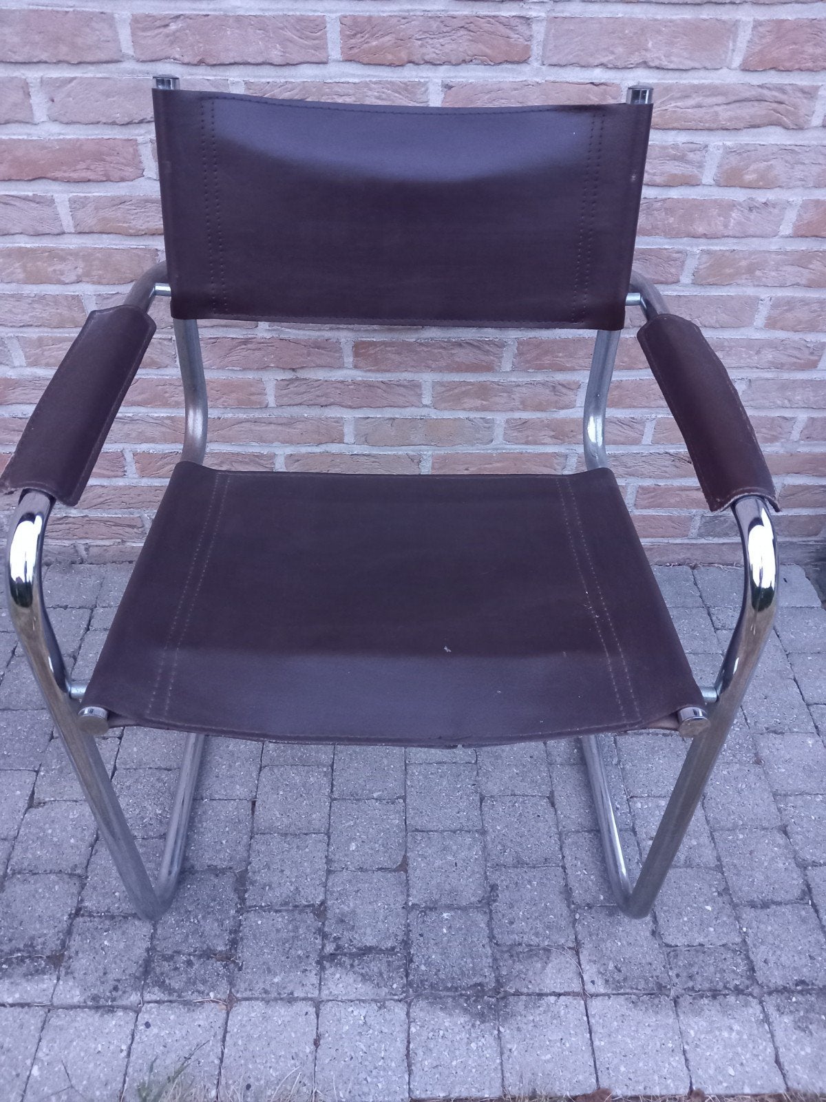 2 vintage buisframe stoelen leer en chroom - donkerbruin, Antiek en Kunst, Ophalen