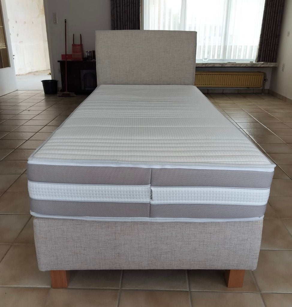 1-persoon bed boxspring te koop, Ophalen, 90 cm, Eenpersoons, Beige