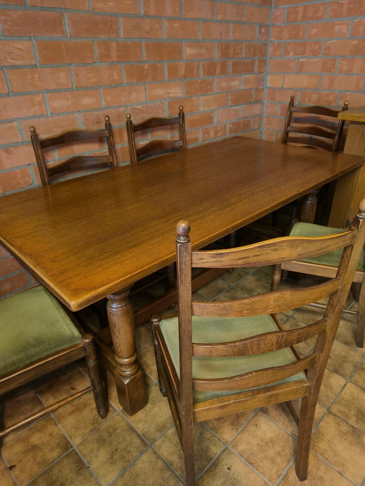 tafell met 6 stoelen met groene velours zit, Ophalen, Gebruikt, Rustiek, 6 tot 8 stoelen