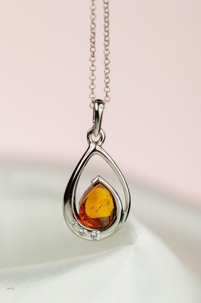 Echt zilveren ketting met barnsteen en Swarowski kristallen, Verzenden, Nieuw, Zilver