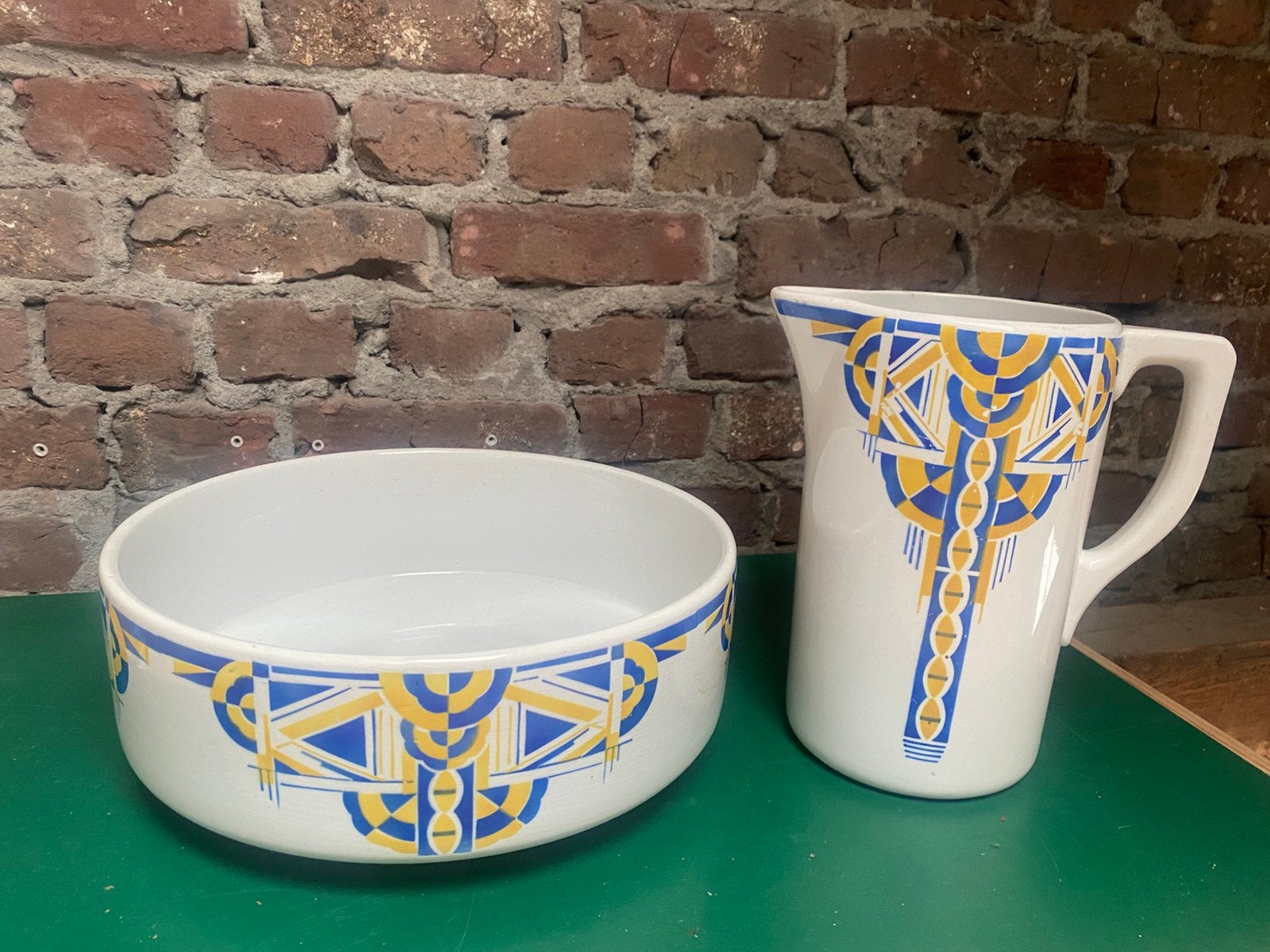 Art Deco keramieken schaal & kruik Faïencerie St.Ghislain, Ophalen of Verzenden