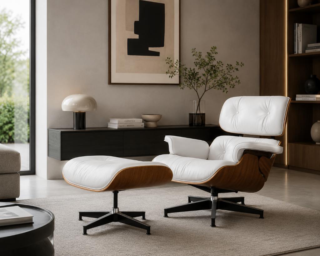 Lounge Chair XL met Ottoman Wit leer Walnoot of Palissander, Huis en Inrichting, Fauteuils, Modern, Klassiek, Tijdloos, Verzenden
