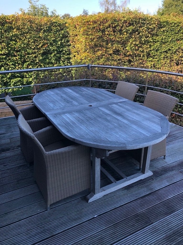 Grote massief houten uitschuifbare tuintafel, Tuin en Terras, Ophalen, Zo goed als nieuw, Vierkant, Hout