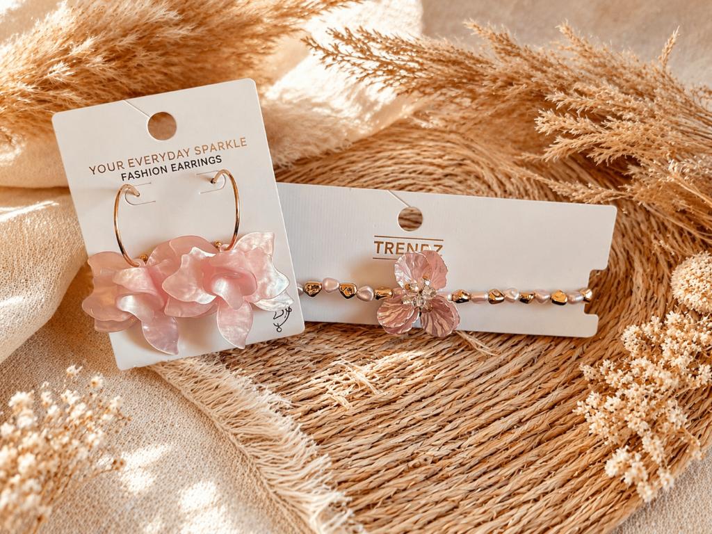 Ensemble boucles d'oreilles roses + collier « Fashion », Enlèvement ou Envoi, Rose, Or, Avec pierre précieuse