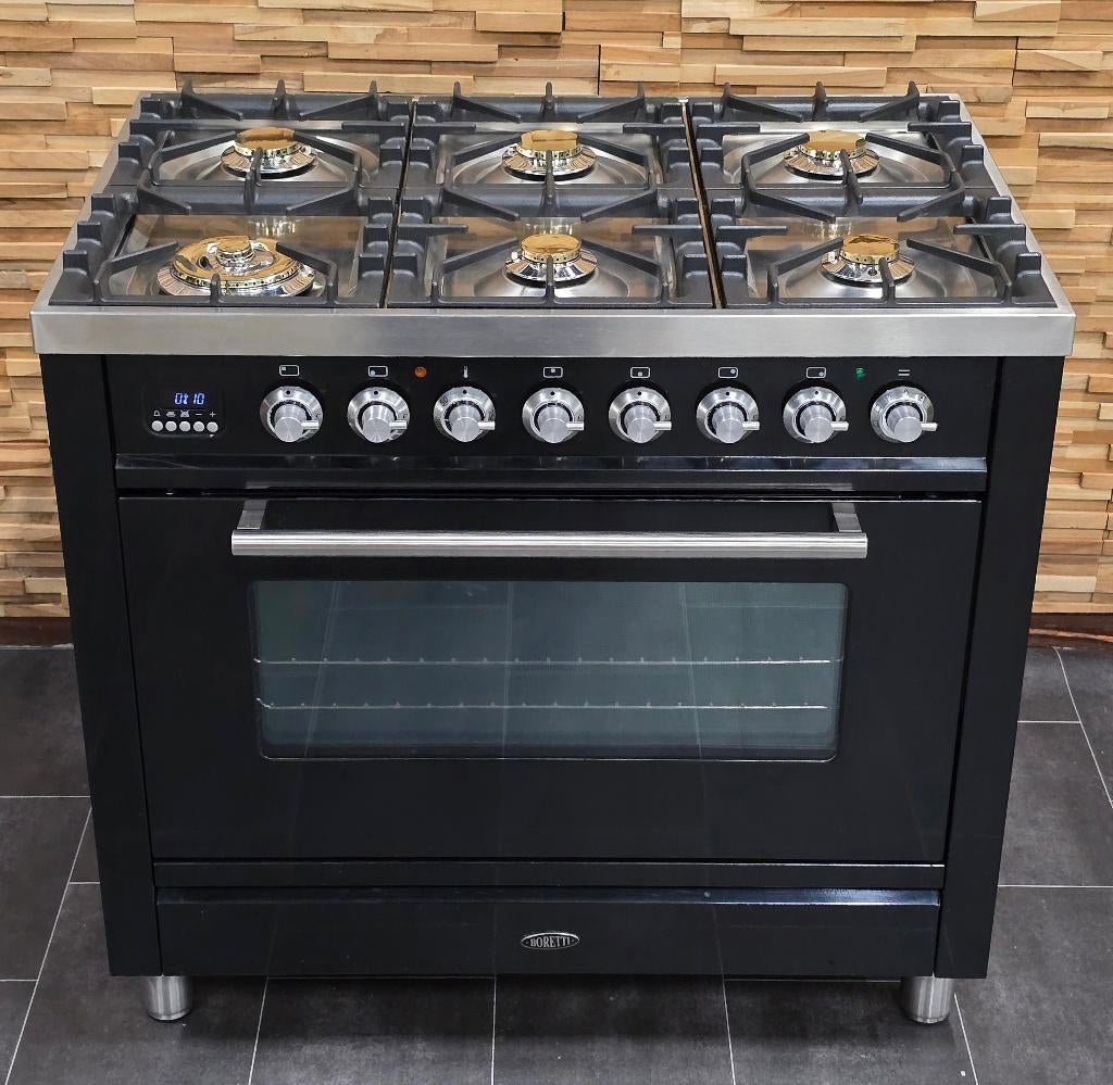 🔥Luxe Fornuis Boretti 90cm hoogglans zwart rvs 6 pits, Ophalen, 60 cm of meer, Zo goed als nieuw, Energieklasse A of zuiniger