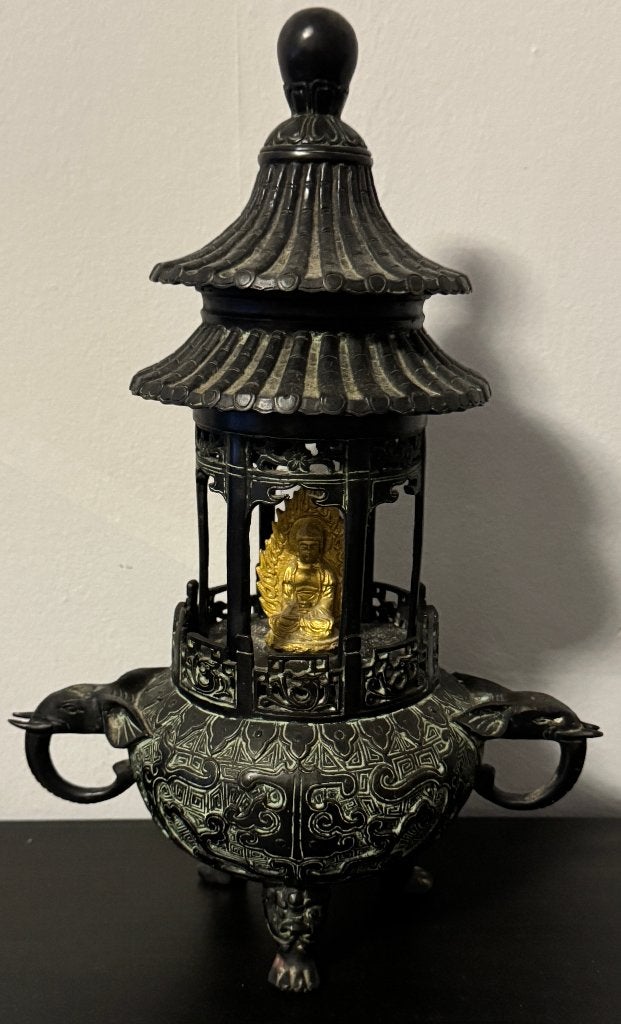 Brûleur d'encens Pagode et Bouddha en Bronze - Chine 1950, Antiquités & Art, Art | Art non-occidental, Enlèvement ou Envoi