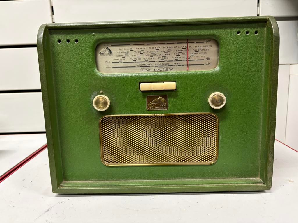 Vintage Radio „His Master's Voice” - 50’s - Green & Brass, Ophalen of Verzenden, Gebruikt, Radio