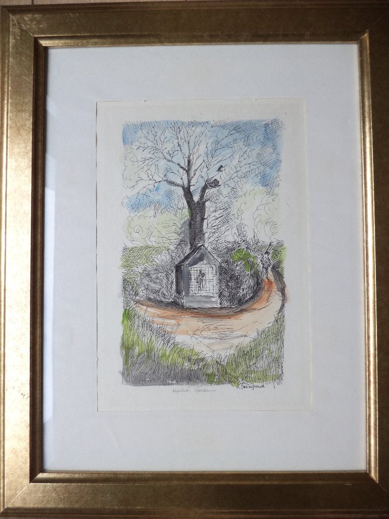 'Kapelleke BERTEM' aquarelle pastel ca1979 Vanden Brande, Landschap, Aquarel, Papier/karton, Achter glas
