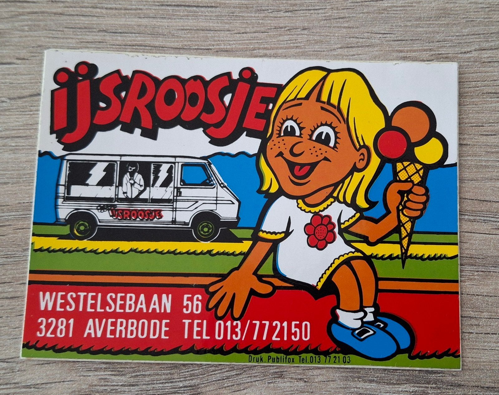 Sticker fun stripfiguur Ijsroosje ijs Averbode, Ophalen of Verzenden, Zo goed als nieuw, Bedrijf of Vereniging