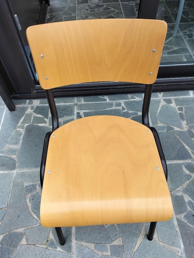 5 Houten stoelen met donkerbruin metalen poten, Maison & Meubles, Chaises, Autres couleurs, Klassiek, Comme neuf, Enlèvement