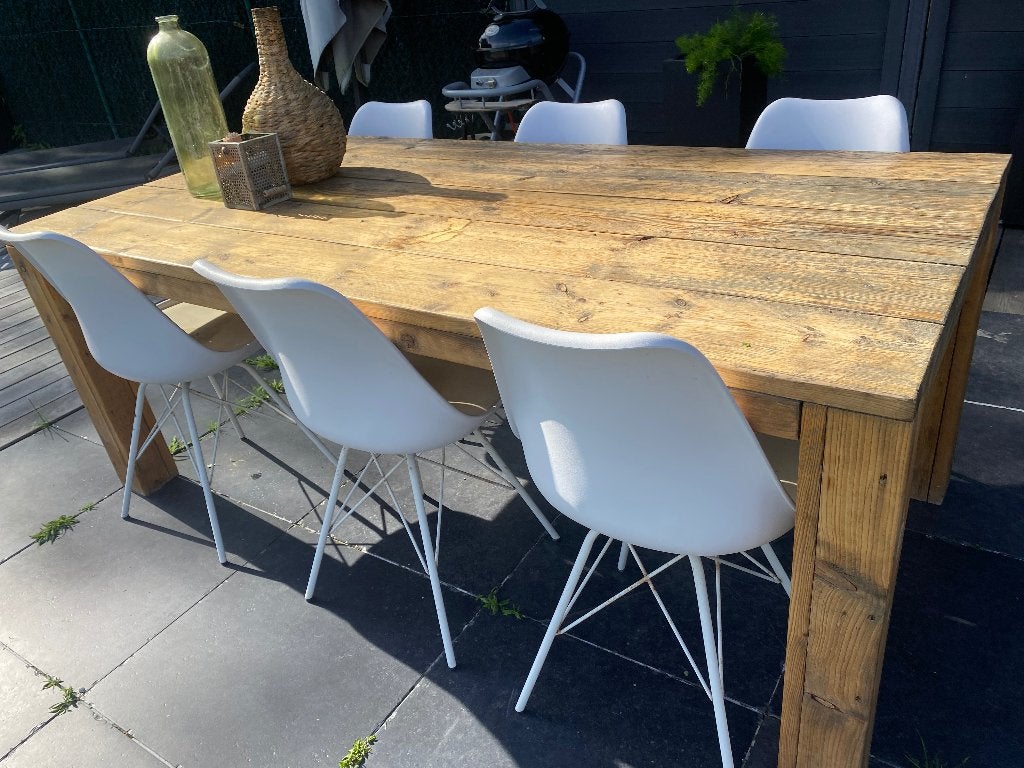Steigerhouten tafel + 6 stoelen, Ophalen, Gebruikt, Rechthoekig, Hout