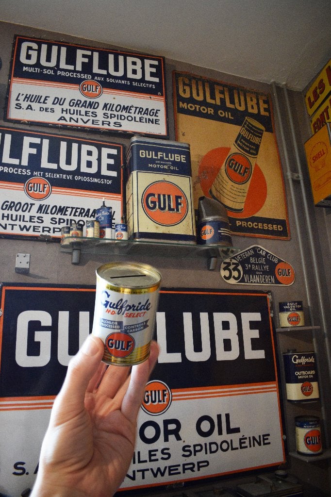 oud Gulf olie blik Oil Can Spaarpot 1950 Gulfpride, Verzamelen, Merken en Reclamevoorwerpen, Ophalen of Verzenden, Gebruikt, Reclamebord