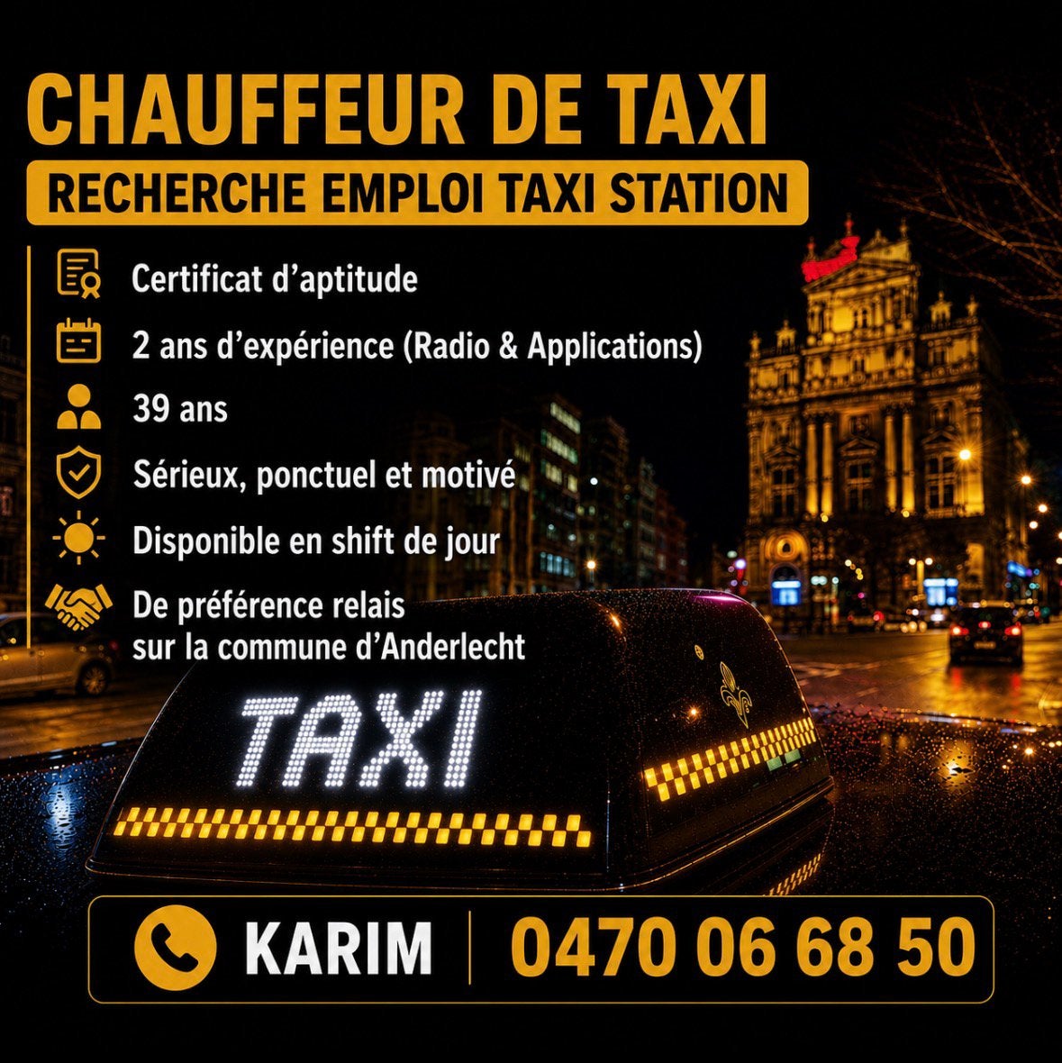 Chauffeur-taxi recherche emploi, Offres d'emploi, Emplois | Chauffeurs
