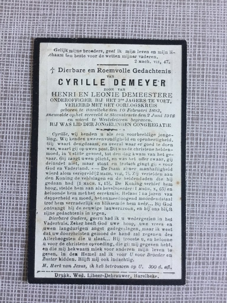Le soldat C.Demeyer Harelbeke a tué Steenstrate en 1918, Collections, Envoi, Image pieuse