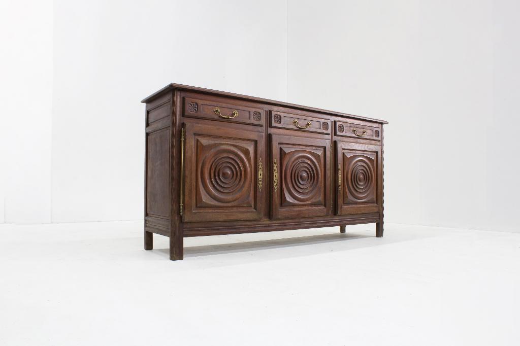 Vintage brutalist dressoir Dudouyt jaren 50, Huis en Inrichting, Kasten | Dressoirs, Met deur(en), 150 tot 200 cm, Eikenhout, Ophalen of Verzenden