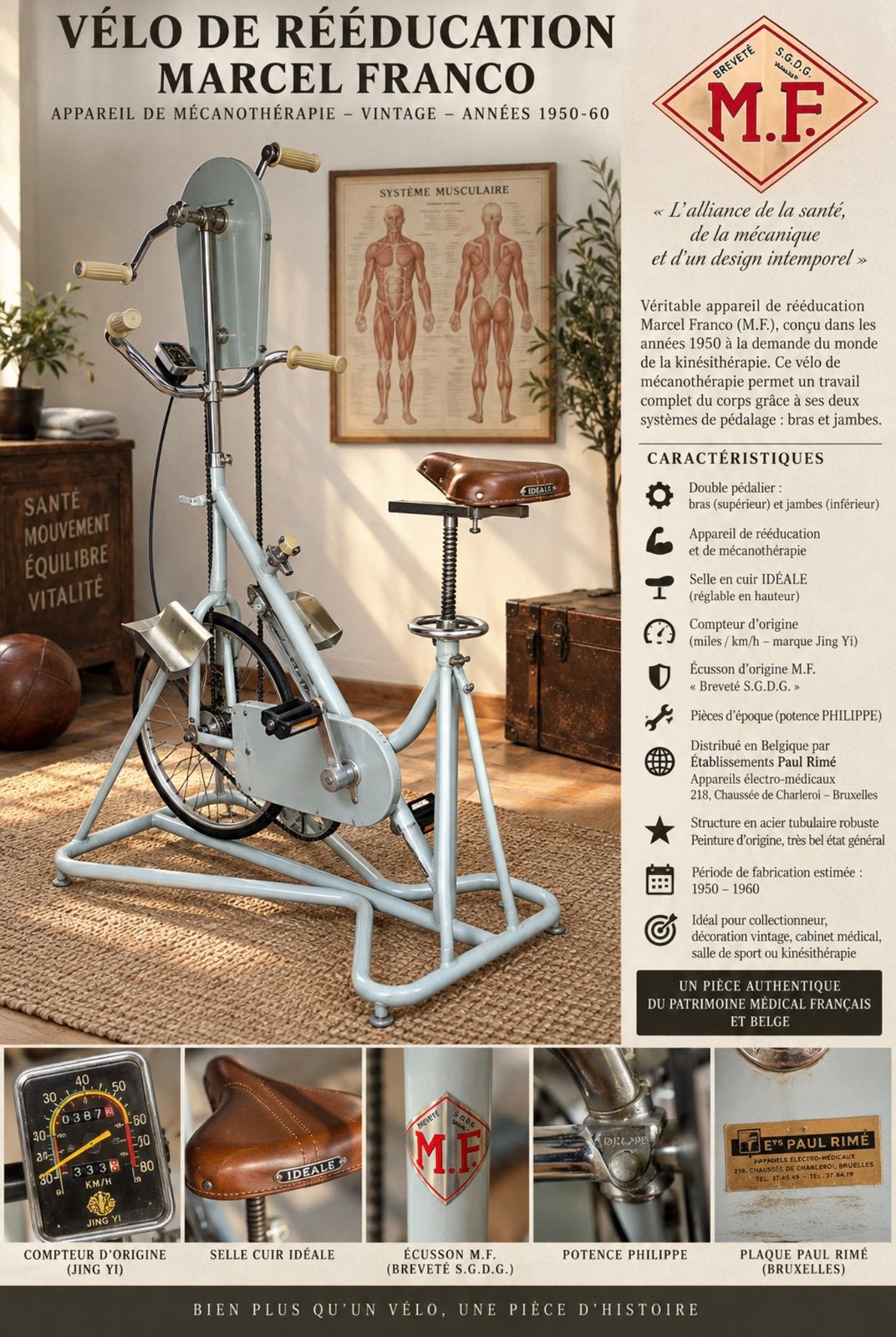 Vélo de rééducation vintage MARCEL FRANCO 50"60", Antiquités & Art, Enlèvement