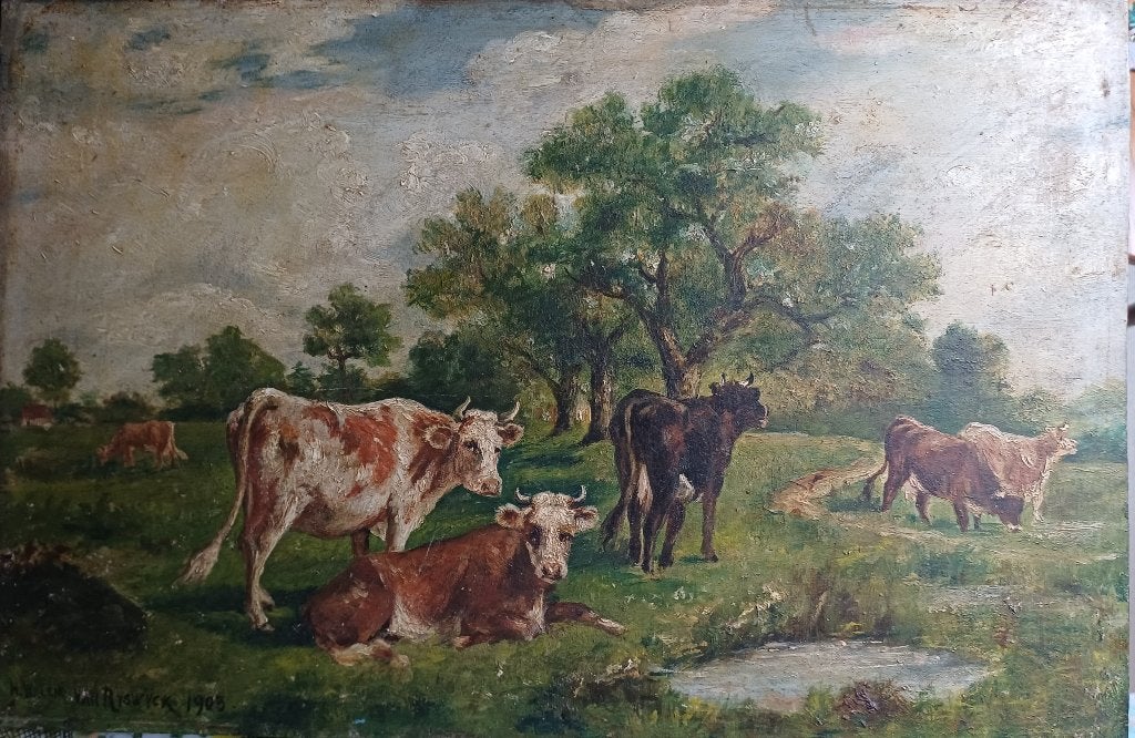 Antiek schilderij koeien, Van Rijswijck, 1903, Enlèvement, Signé, Peinture à l'huile, Panneau