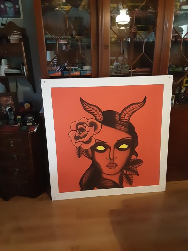 Schilderij verf op hout.  " Lady Faust ", Antiek en Kunst, Ophalen