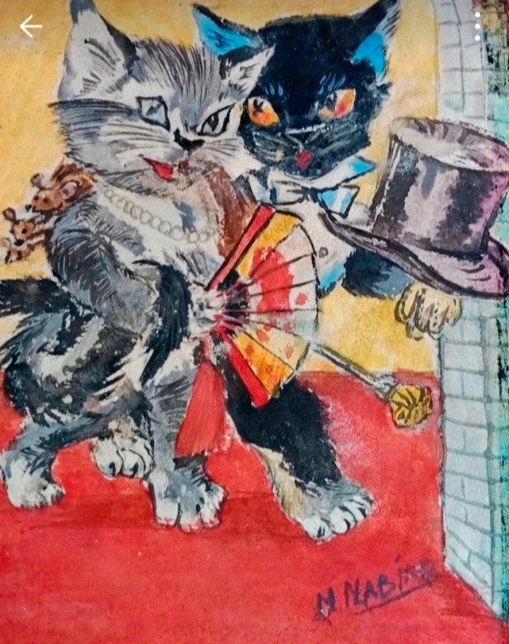 Katten op het gekostumeerde bal. Oude aquarel gesigneerd, Antiek en Kunst, Kunst | Schilderijen | Abstract