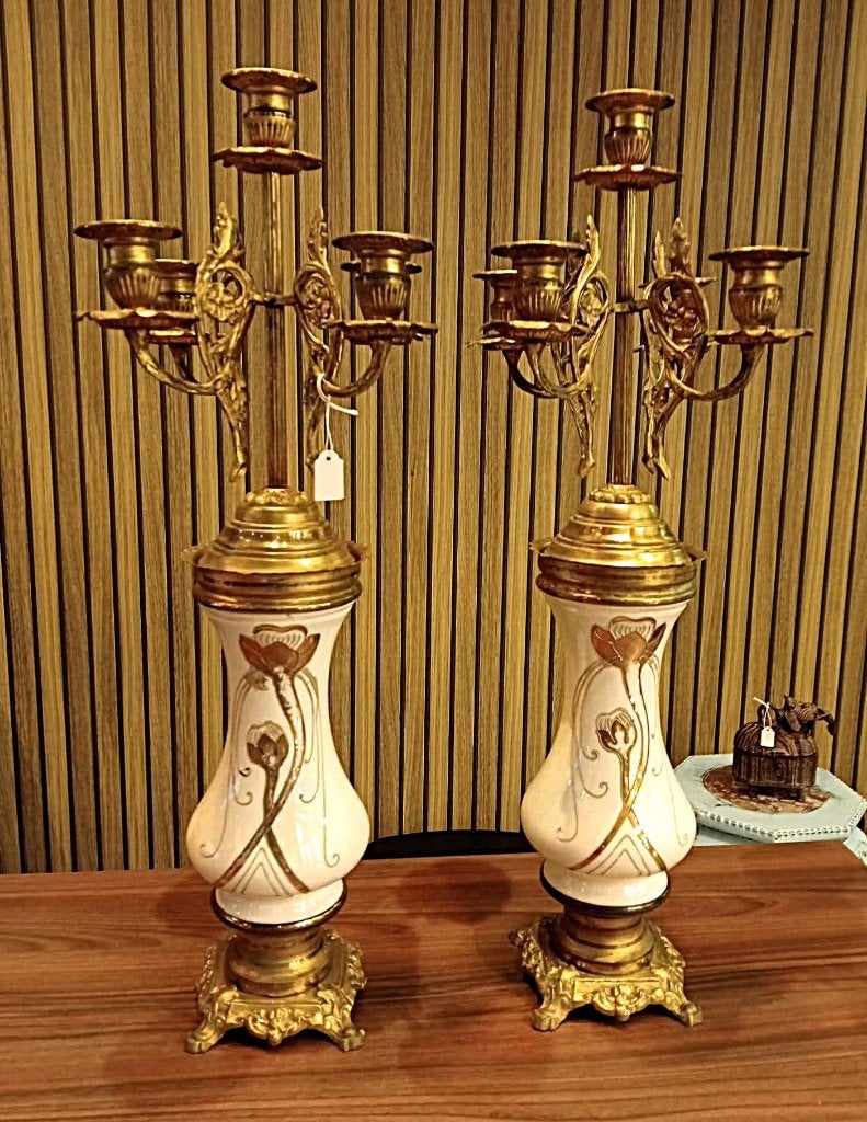 Antieke kandelaars met brons monturen - Art Nouveau, Antiek en Kunst, Antiek | Kandelaars, Ophalen, Keramiek of Aardewerk