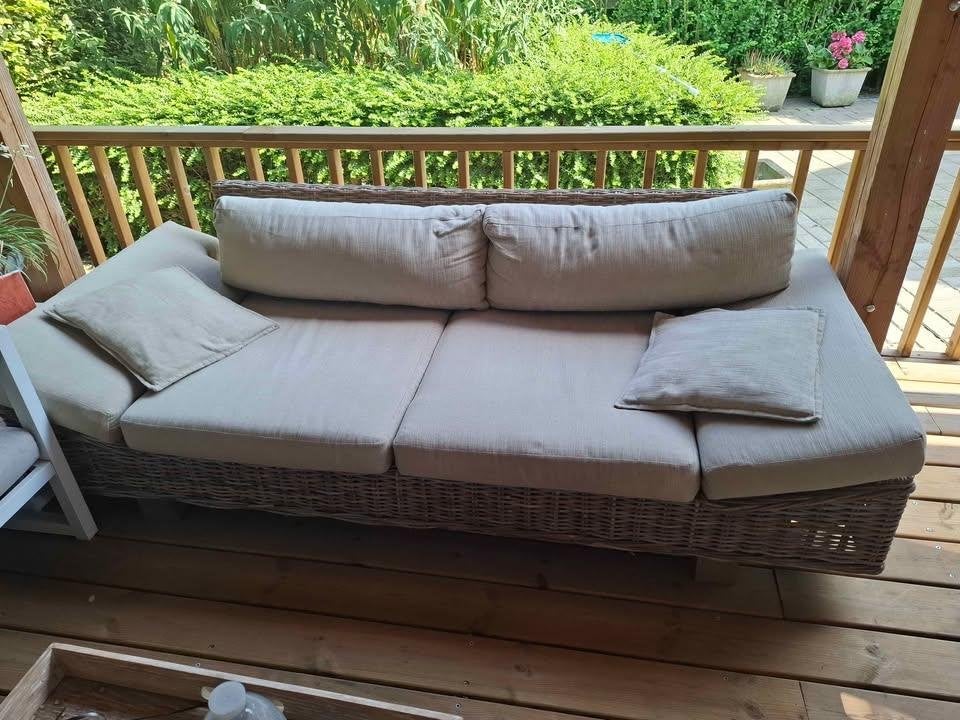 Prachtige Loungebank van Gevlochten Riet / Natuurlijk Rotan, Rotin, 3 places, Banque, Comme neuf