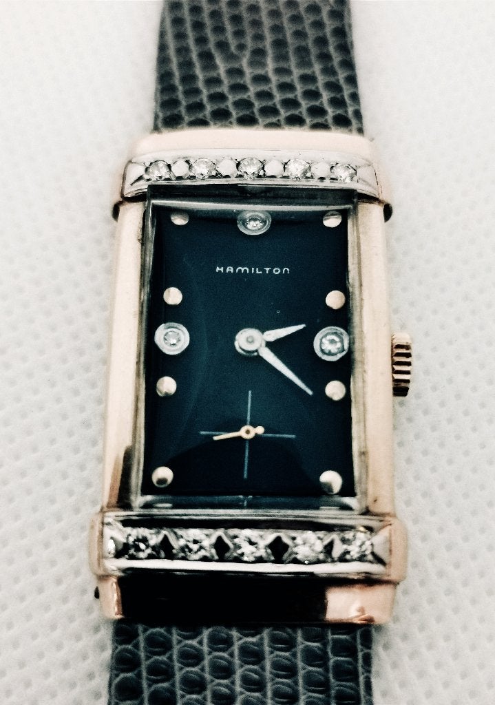 Vintage gouden horloge Hamilton met diamanten 0,40kt, Ophalen of Verzenden, Goud, Overige typen, Met edelsteen