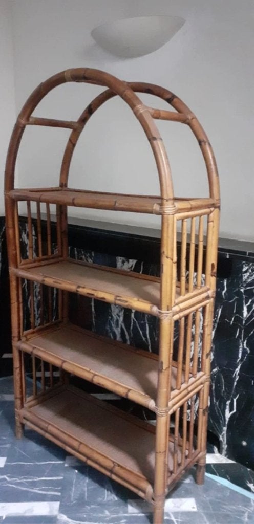 Grande étagère vintage (années 60) en bambou, rotin et bois, Maison & Meubles, Enlèvement, Utilisé