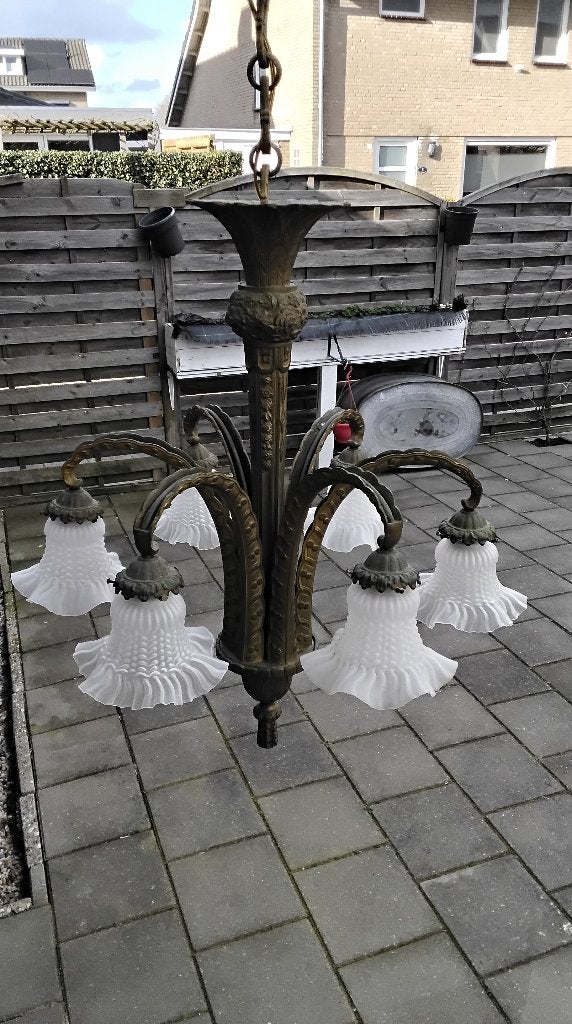 Bronzen art deco hanglamp, Ophalen, Brons