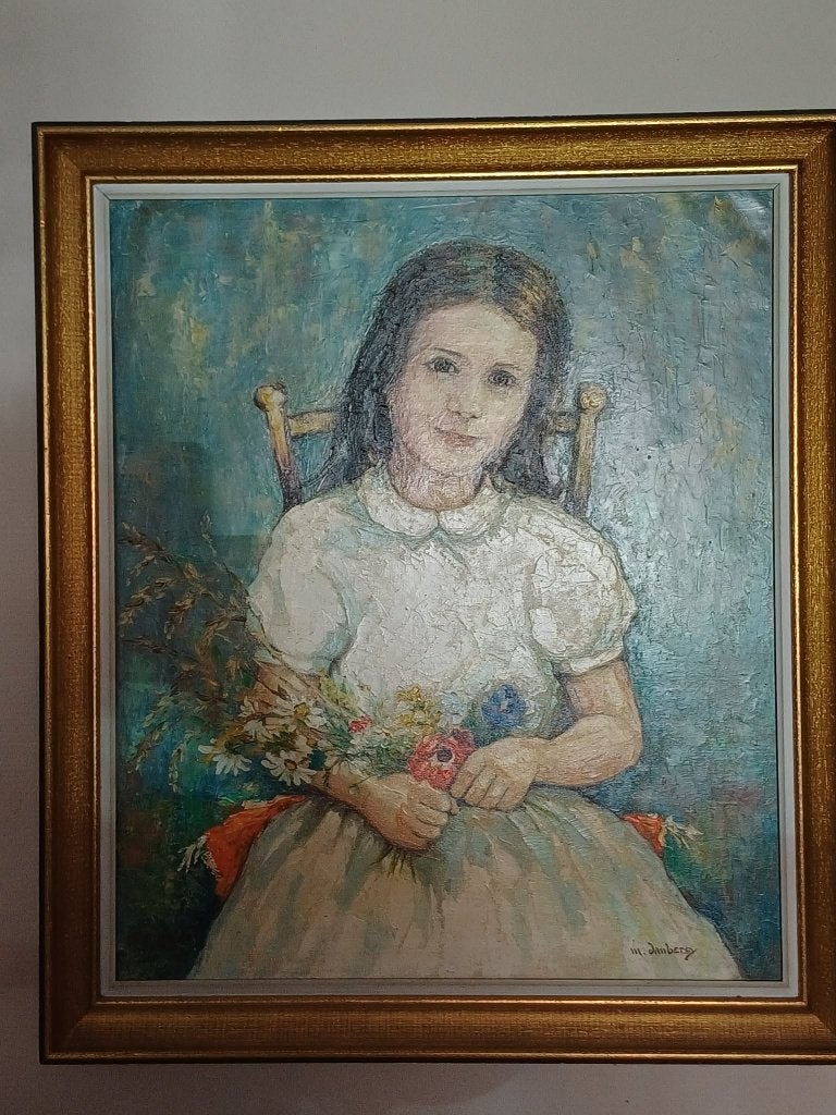 Tableau Ancien Huile sur Toile - Portrait de fillette, Portrait ou Personnes, Peinture à l'huile, Encadré, Toile