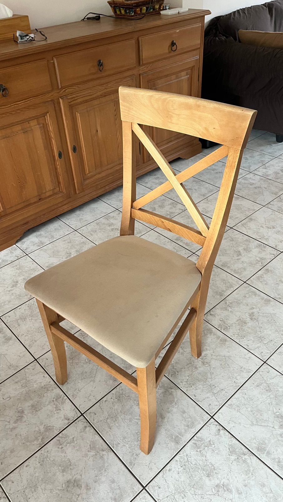 Chaises en pin avec assise en tissu, Maison & Meubles, Enlèvement, Utilisé, Bois, Cinq, Six Chaises ou plus