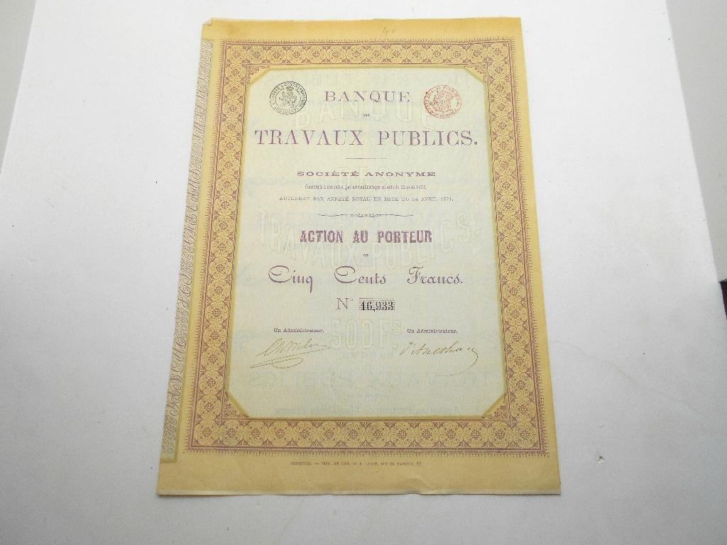 action " Banque des travaux publics "  Bruxelles 1871, Postzegels en Munten, Aandelen en Waardepapieren, Ophalen of Verzenden