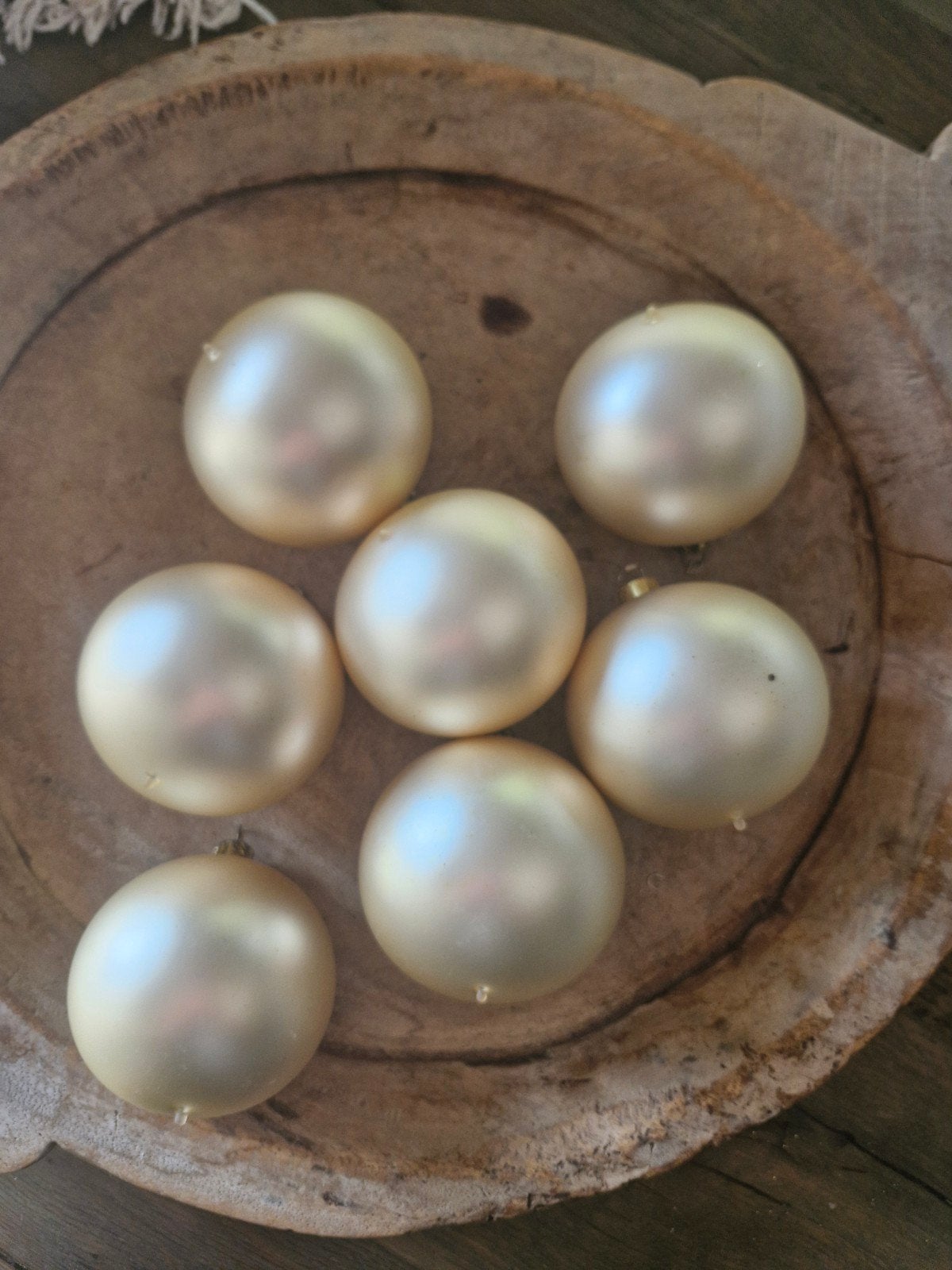 7 glazen kerstballen 8 cm – ivoor champagne – frosted parelm, Ophalen