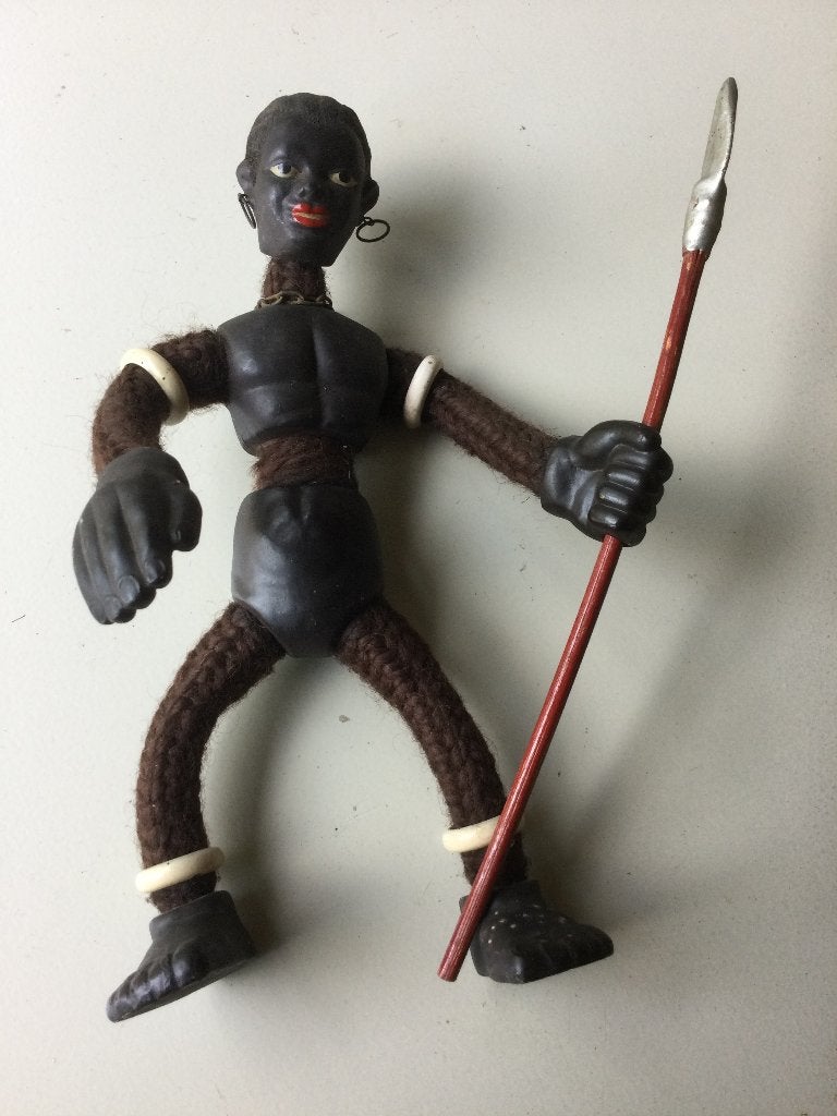 Antieke pop Afrikaanse krijger met gebreide delen-+ 1940, Minder dan 20 cm, Ophalen of Verzenden, Handgemaakt, Zwart